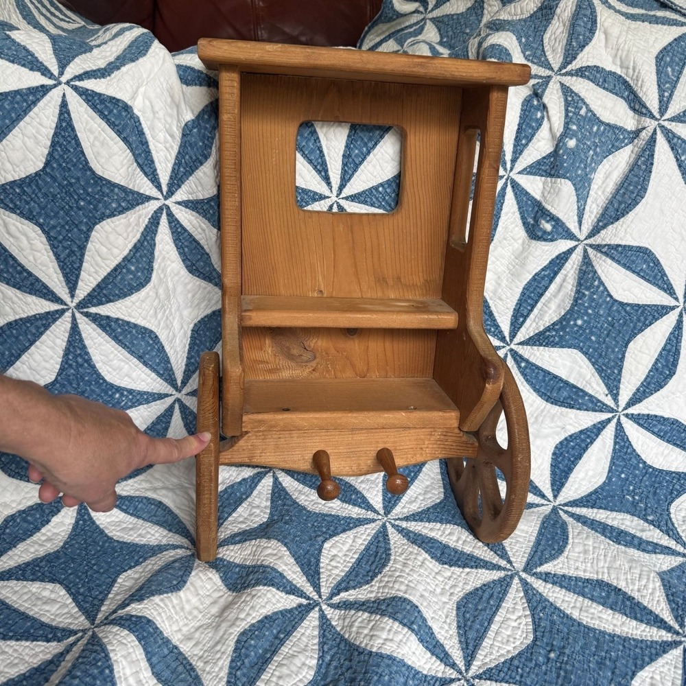 Vintage Rustic Wooden Carriage Stagecoach Wall Shelf with Hanging Pegs Brown